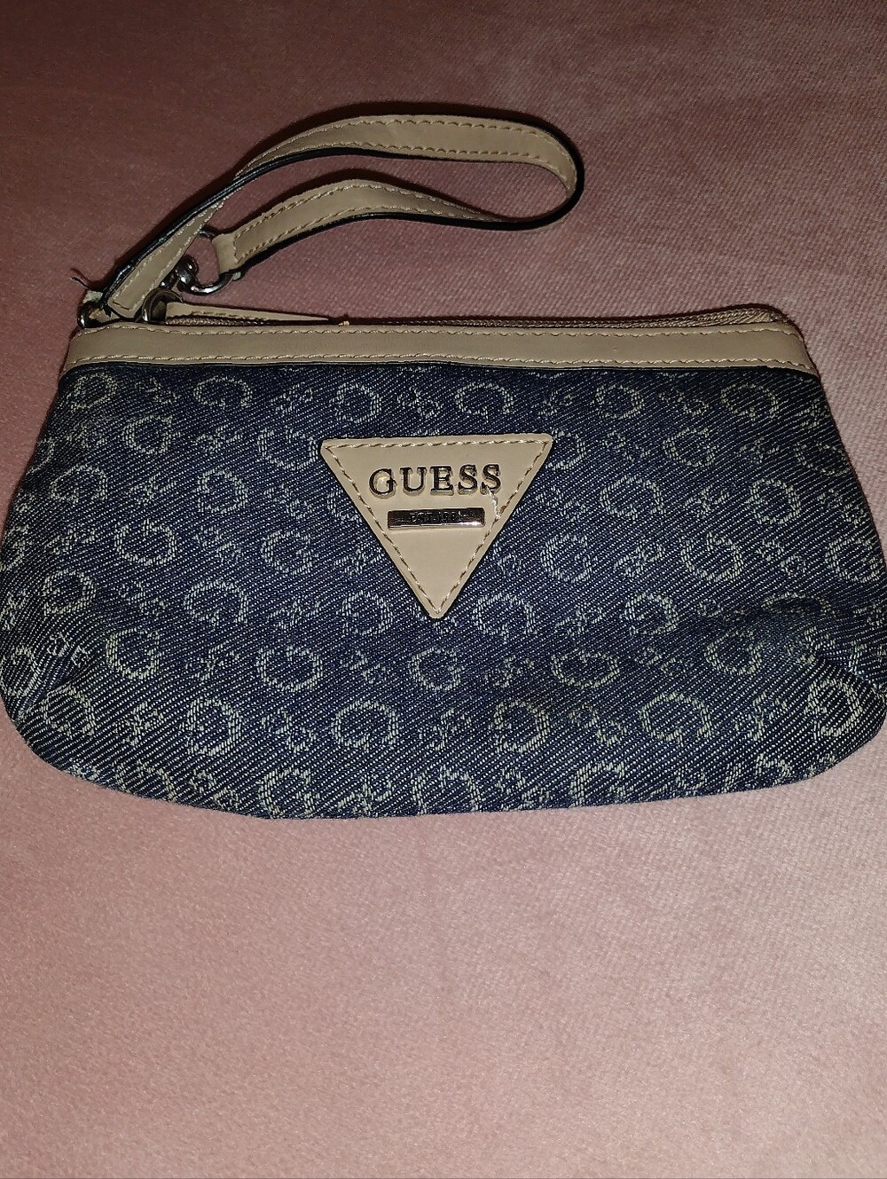 GUESS Denim Logo Wristlet in Navy and Cream